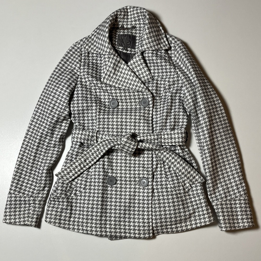 J2 by Jou Jou Houndstooth Jacket Sz S Gray White Button & Tie Preppy Light Coat - Picture 2 of 8